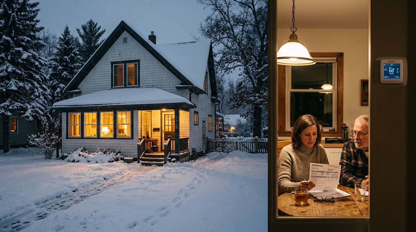 Michigan residential home in winter snow with family reviewing heating utility bill
