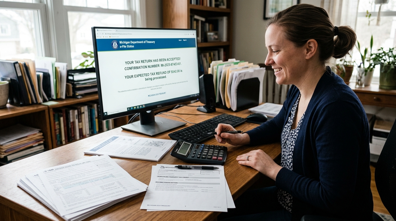 Michigan taxpayer reviewing state tax refund status and e-file confirmation on computer